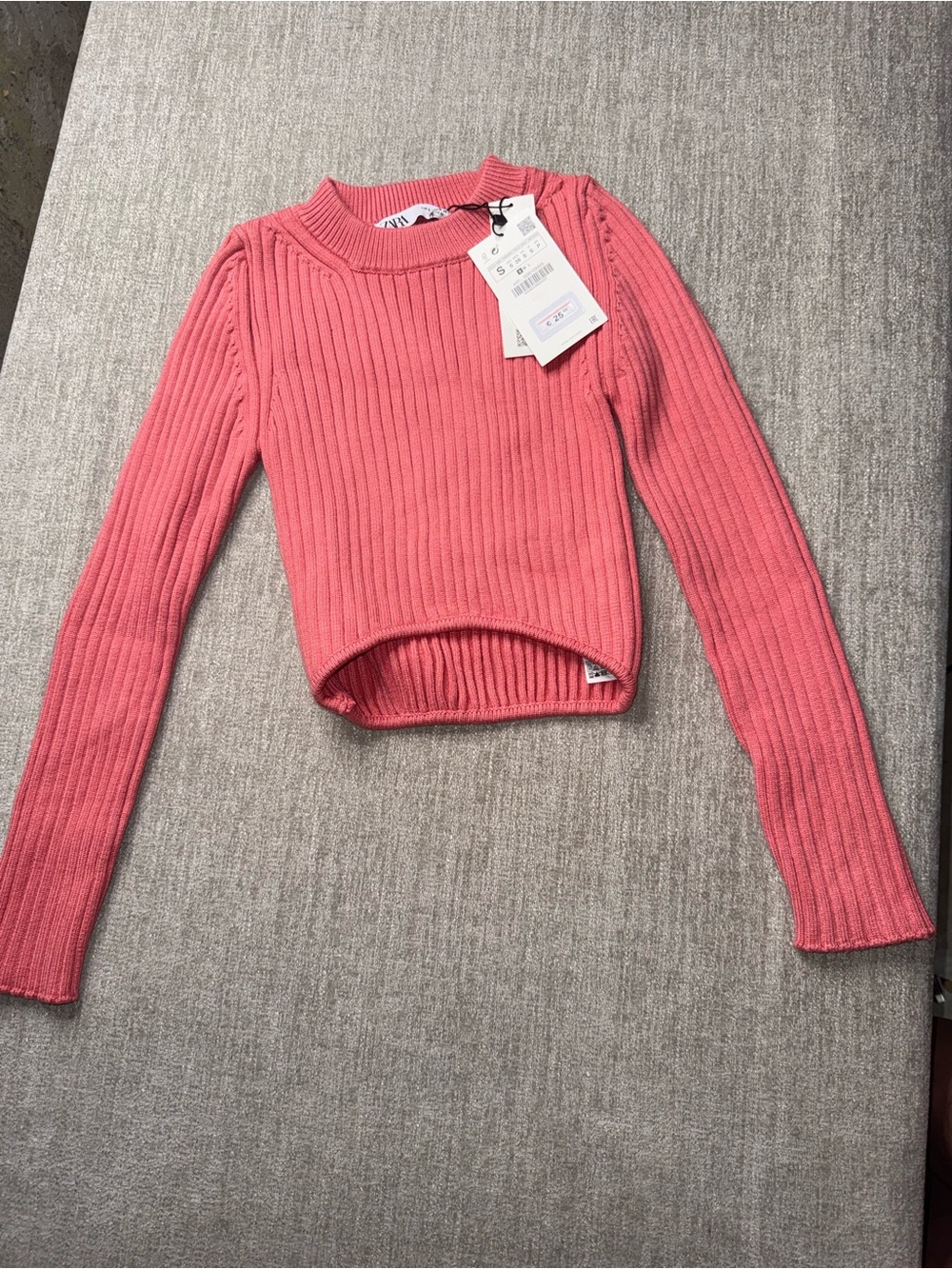Zara Coral Pink Ribbed Cropped Long Sleeve Sweater Women’s S NWT
